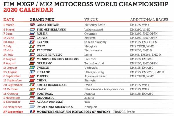 2020 FIM Motocross World Motocross Updated Calendar